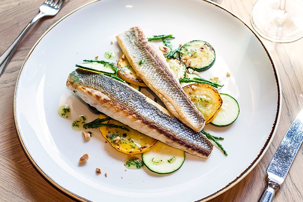 Sea bass recipes - Sea Bass Fillet With Grilled Courgette, Lemon and Hazelnut