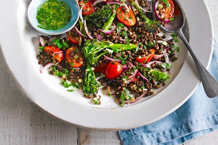 Roast broccoli with lentils and preserved lemon