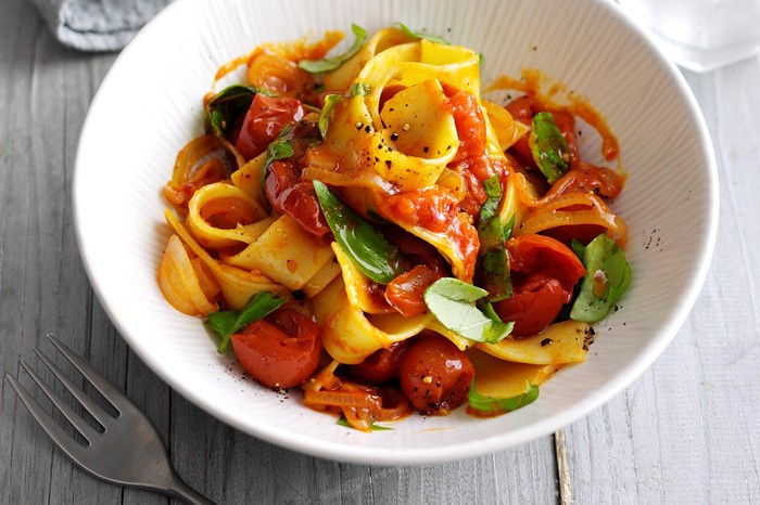 Pappardelle with buttery tomato and shallot sauce