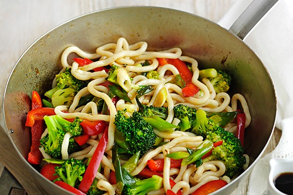 Yaki Vegetable Udon Noodles Recipe served in a deep silver metal pan