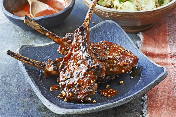 Korean-style lamb chops with spicy sesame cucumber salad