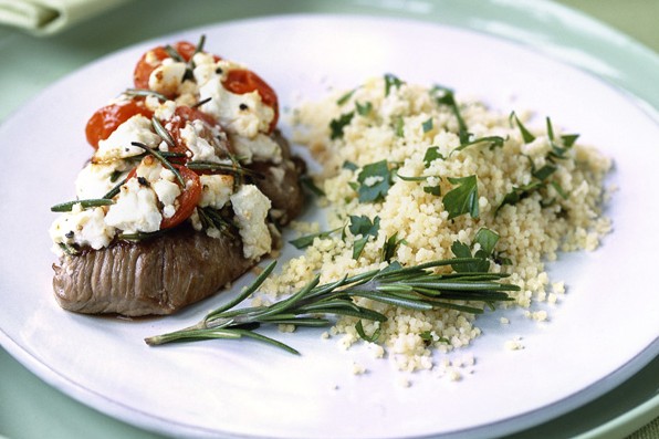 Lamb steaks with feta, tomato and rosemary