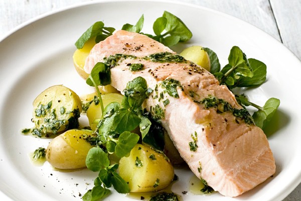 Poached Salmon Recipe With Green Herb and Mustard Sauce