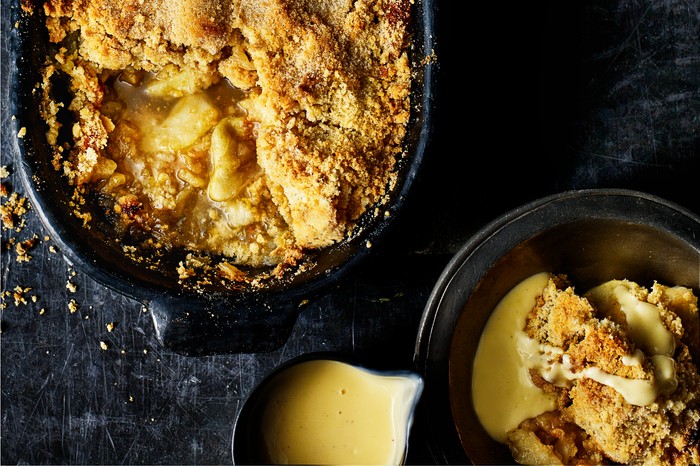 Apple crumble in an oval baking dish