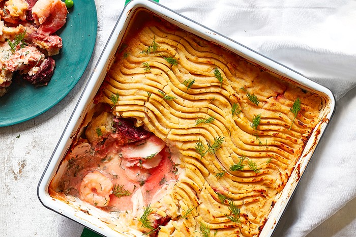 A beetroot and fish pie ready for serving