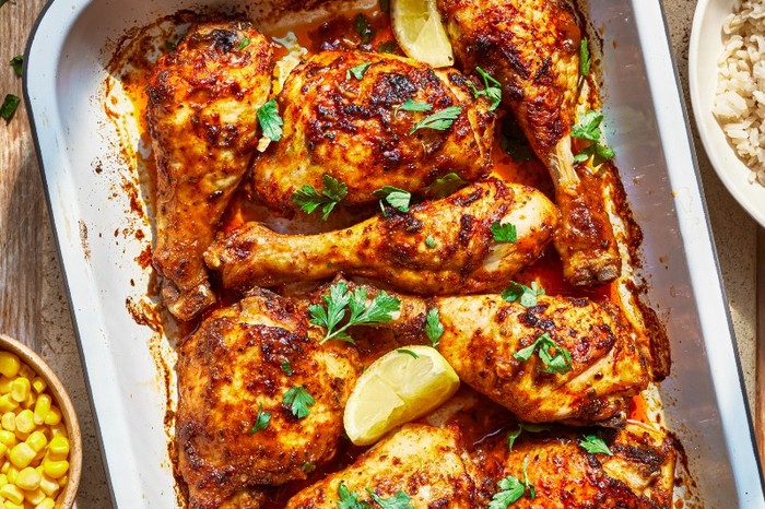 a silver oven tray filed with chicken topped with chopped herbs and lemon wedges