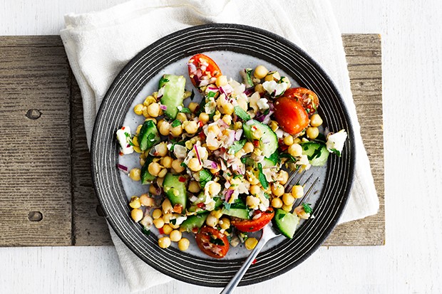 Smashed Chickpea and Feta Salad with Tomatoes and Sweetcorn in a Bowl